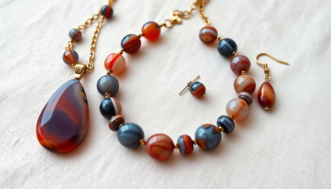 Avis sur la parure artisanale en agate multicolore : collier, bracelet et boucles d'oreilles