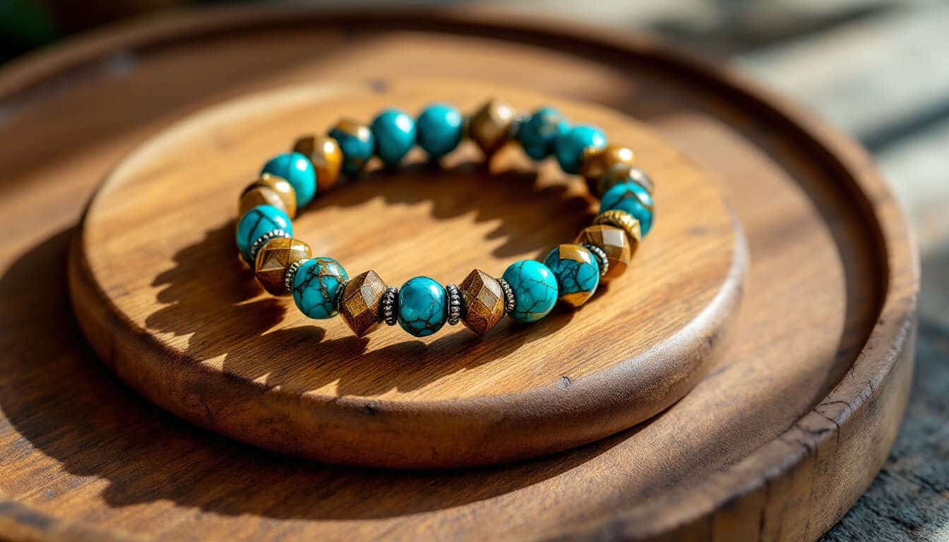 Avis sur le bracelet lien homme Les Poulettes Bijoux : perles de turquoise et bronzite