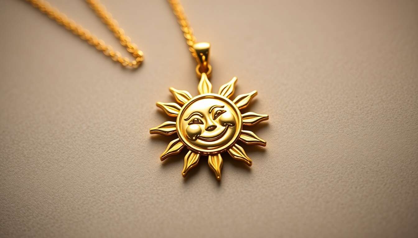 Caractéristiques du pendentif soleil et sourire en or 14kt Caractéristiques du pendentif soleil et sourire en or 14kt