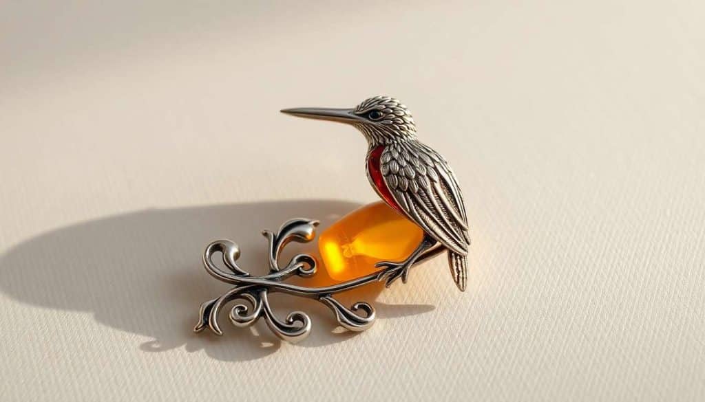 Avis sur la broche kingfisher Henryka en argent et ambre