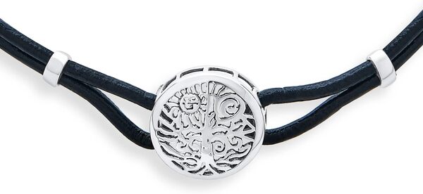 Bling Jewelry Médaillon En Forme De Disque Rond En Cuir Véritable Noir Collier Ras Du Cou En Cuir Celtique Avec Soleil Levant Et Arbre Souhaits Pour Femmes En Argent Sterling.