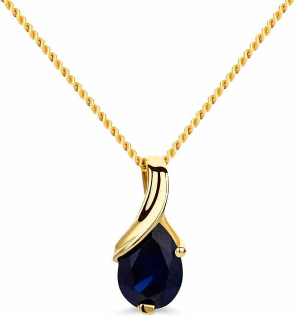 Collier Femme Or Jaune 9 Carats 375, Pierre Precieuse Saphir bleu en forme de Poire, Bijoux Or Hypoallergéniques- Pendentif et Chaîne Femme 45 cm Fait à la Main