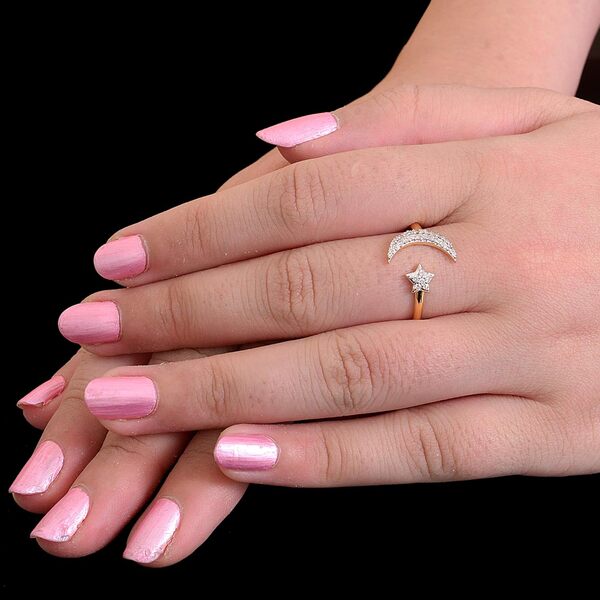 Shweta Creations Bague Empilable Certifiée Étoile de Lune en Or Jaune 14 Carats 0,11 Carat Proposition de Vrais Diamants Naturels Bijoux pour Femmes