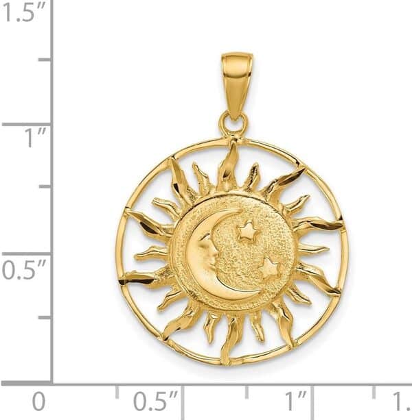 Pendentif en or jaune massif 14 carats avec lune céleste et étoile - Dimensions : 30 x 23 mm, Métal, Diamant