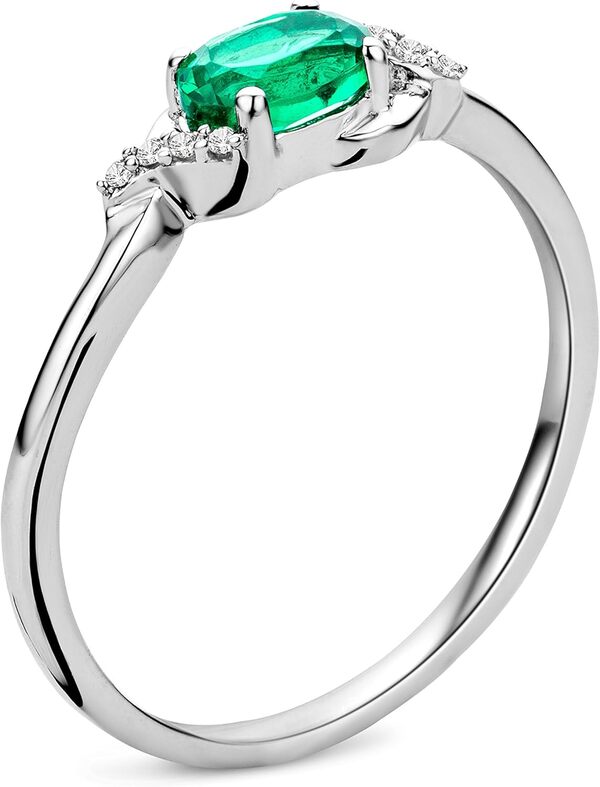 MIORE Bijoux pour Femmes Bague de Fiançailles avec 8 Diamants Brillants naturels 0.03 Ct et Pierre Précieuse Pierre de Naissance ovale Émeraude verte 0.40 Ct Bague en Or Blanc 9 carats (375) Or