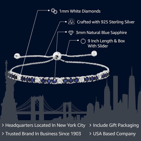 Gem Stone King Bracelet rivière en argent sterling 925 avec saphir bleu et diamant blanc (2,05 carats, pierre de naissance pierre précieuse, entièrement réglable jusqu'à 22,9 cm), 22,9 cm, argent