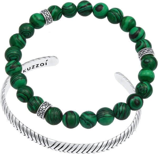 Kuzzoi Ensemble de bracelets Bouddha pour homme composé d'un bracelet élastique en pierre précieuse malachite avec perles en argent et d'un bracelet ouvert en argent sterling 925 oxydé, longueur 19-21
