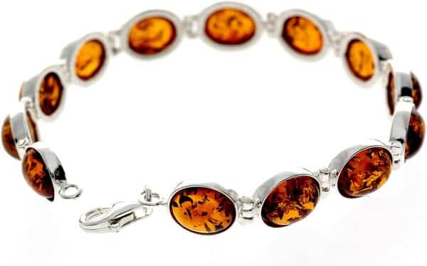 GL549 Bracelet à maillons en argent sterling 925 avec pierres ovales en ambre de la Baltique 19 cm, 7 48 inch, Pierre de papier en argent sterling, Ambre